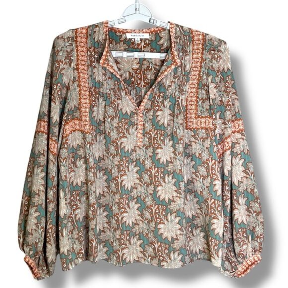 Rose & Olive Boho Floral Top Long Sleeve Slip Over Tunic Blouse Rust Teal Small - Picture 1 of 16